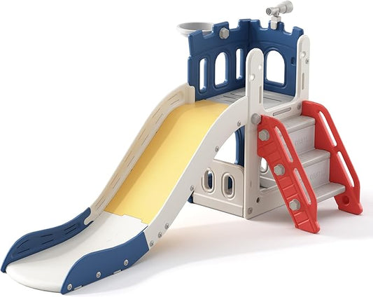 5 in 1 Toddler Slide, Extra-Long Kids Slide for Toddlers Age 1+ with Basketball Hoop and Ball, Storage Space, Indoor Outdoor Slide Playset Toddler Playground Climber Playset, Colourful