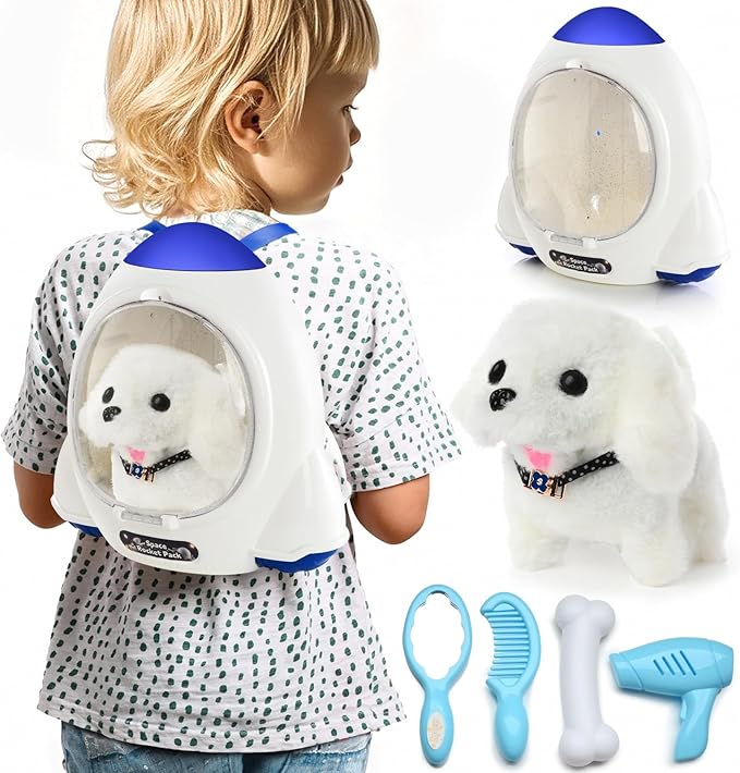Electronic Interactive Plush Puppy - Battery Operated Mechanical Walking Little Pet Dog with a Cute Bag, Barking, Tail Wagging, Stretching Companion Animal for Toddlers & Kids (White)