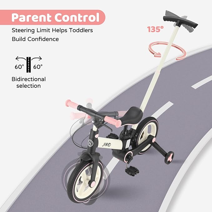 JMMD 6 in 1 Toddler Bike with Push Handle for Kids 18-60 Months, 12" Foldable Balance Bike with Training Wheels, Pedals, Brakes, Kickstand, Push Tricycle Toddler Gift & Toys for Boy & Girl