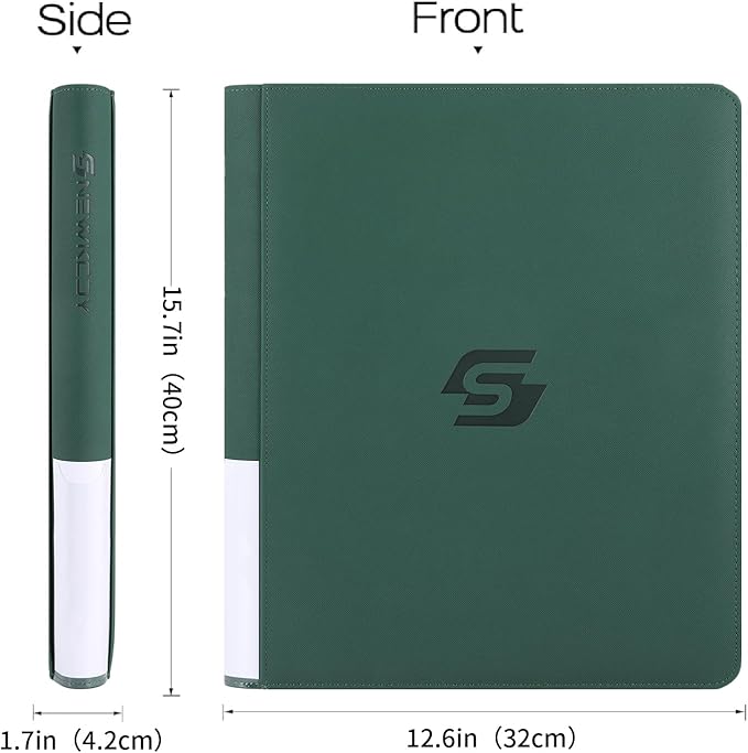 Snekdy Top loader Binder, 9 Pockets Top Loader，Holds 360 Top Loaders cards, Card binder with Sleeves for card in 3 x 4 inch color smooth Zipper PU Leather (Green)