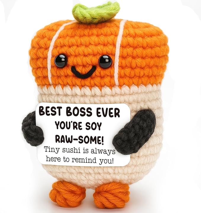 Mini Thank You Gifts for Boss -Bosses Day Gifts for Women, Men, Boss Lady, Supervisor, Manager- Handmade Crochet Sushi Appreciation Gift for Boss Day, Birthday, Christmas, White Elephant Ideas
