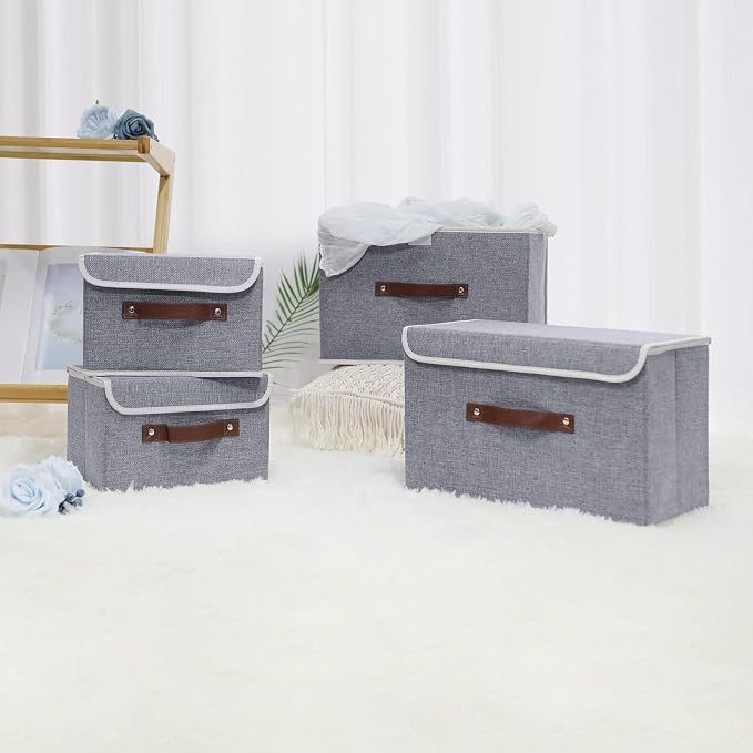 ANMINY Fabric Storage Box Bins with Lids, Gray, 10"x8"x7", 2 Pack | Keepsake Memory Storage, Cotton Linen, PP Board Reinforced, Washable, PU Handles, Foldable & Stackable, Decorative, Small