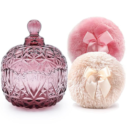 Luxury 4 Inch Glass Powder Container with 2 Soft 3.5" Puffs｜Non-Sealed Refillable Organizer for Body Powder,Makeup & Jewelry｜Setting Powder Applicator w/Loose Powder Storage(Crown-Purplish Red)