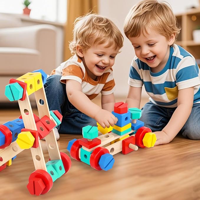 LOVELAND Wooden Nut & Bolt Building Toy for Kids Montessori STEM Construction Set with Tools, Educational Building Blocks for Toddlers Ages 3+ (Boys & Girls)