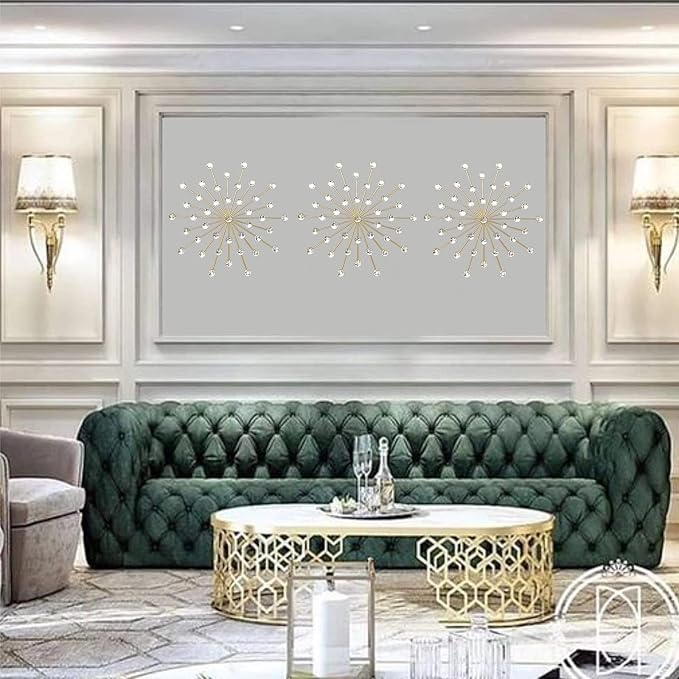 ZEXUIRU 3 Set Gold Starburst Wall Art for Home Decor Metal Bling Crystal Rhinestones Sunburst Wall Decor Sparkling Rhinestone Art Accent Gold - 13in