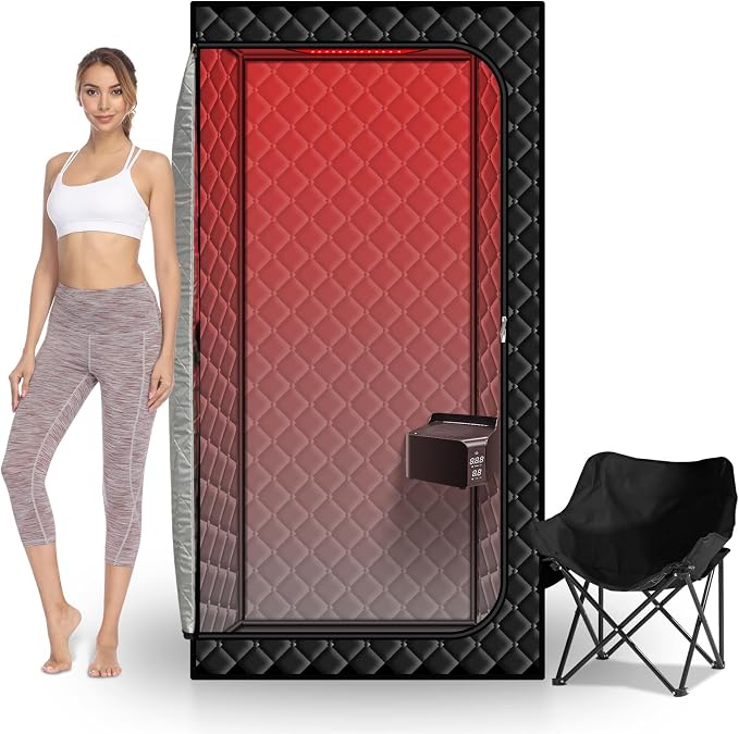 Gollense Portable Dry Sauna with Red Light for Home One Person | 660nm Infrared Red Light Therapy, Hot Air Machine, 6ft-tall 3-Layer Sauna Box, Foldable Chair, for Apartment after Workout