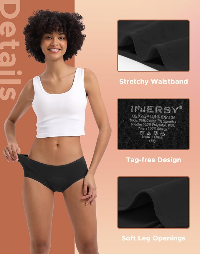 INNERSY Women's Period Underwear Leak-Proof Menstrual Hipster Multipack | Cotton Panties, 20ml Absorbency, for Post-Period Spotting, Menstrual, or Daily Backup