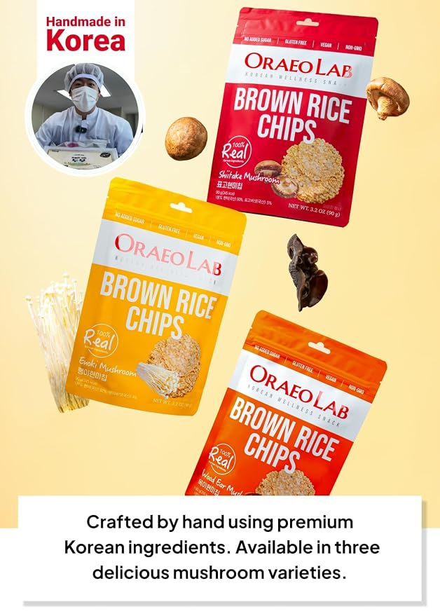 Korean Food Brown Rice Chips with Shiitake Mushroom, Vegan, 3.17 oz (90g) | Pressed brown rice chips with shiitake mushroom, made without frying and suitable for vegan diets