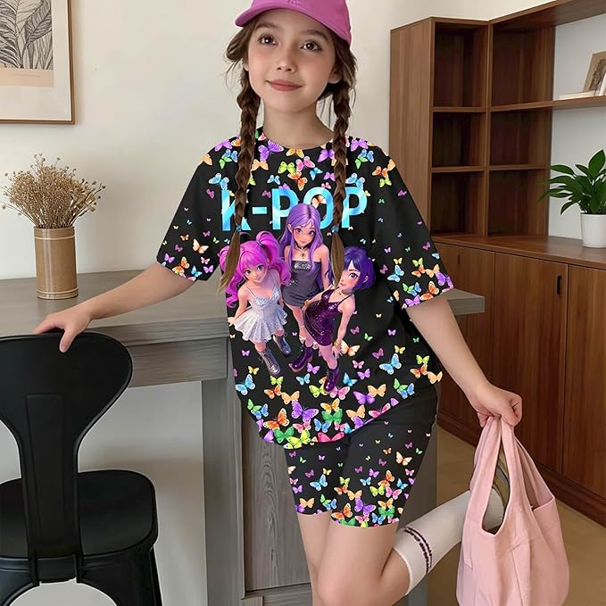 K-POP DEM0N Hunters Outfits for Girls, 2 Piece T-Shirts and Apparel Sets Birthday Gift