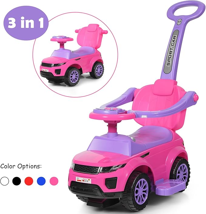 GLACER Push Cars for Toddlers 1-3, 3-in-1 Kids Sliding Car with Detachable Guardrail, Horn, Music, Lights, Storage Box and Anti-Roll Design, Ride on Push Car for Boys Girls (Pink)