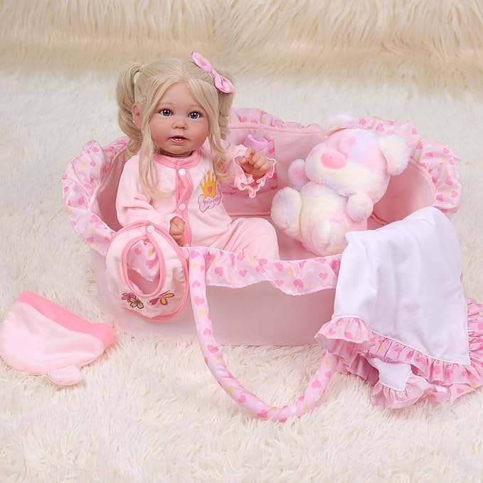 BABESIDE 8 Pcs Reborn Baby Doll Clothes with Bassinet for 17-22 Inch Babydolls, Reborn Baby Doll Accessories and Baby Dolls Clothes fit Newborn Baby Dolls Girl, Pink