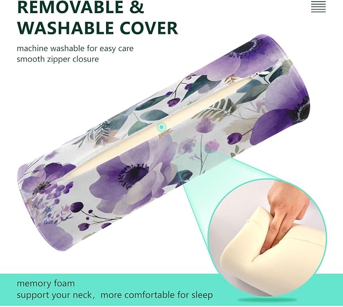 Purple White Lotus Flowers and Berries Neck Roll Pillow Bolster Round Health Memory Foam Long Cervical Cylinder Pillows with Removable Washable Cover for Body Bed Legs Back Yoga