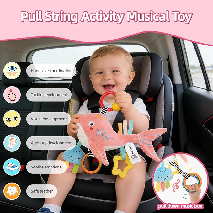 Musical Baby Toys for Car Seat 6-12 Months, Travel Sensory Toy 3-6 Months, Montessori Plush Toys for Roadtrip with Teether Crinkle Textures Clackers Squeaky Pulling Cords Newborn Infant Valentine Gift