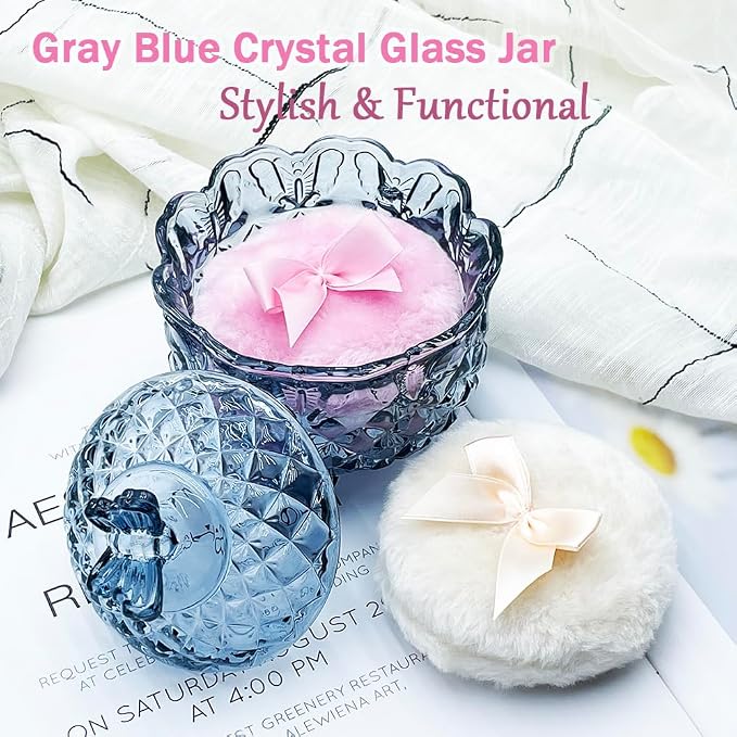 4" Crystal Glass Body Powder Puff Container with 2 Fluffy Puffs,Cute 3.5" Soft Dusting Powder Puff and Jar Set(Butterfly-gray blue)