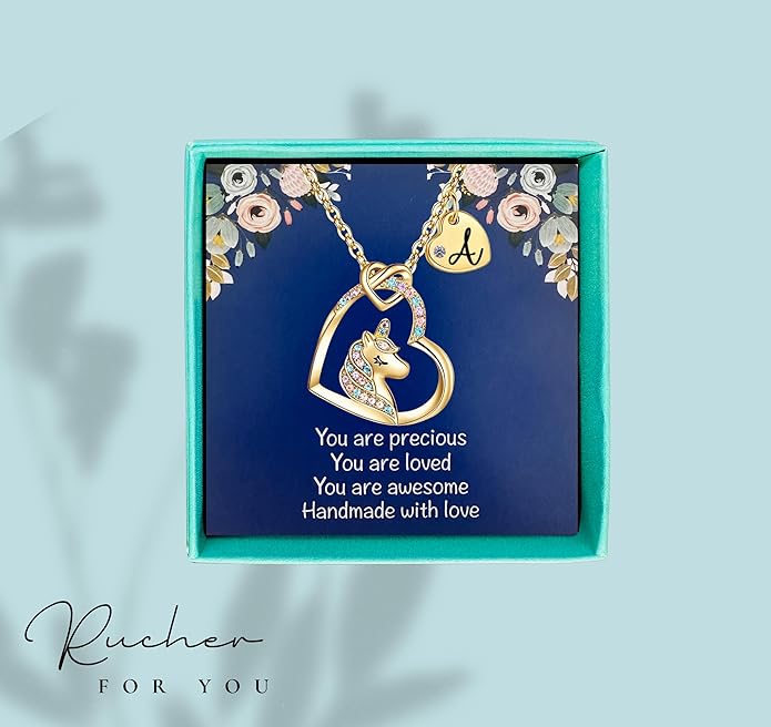Valentines Day Gifts for Kids Girls - Unicorn Necklace for Girls with Initial Heart Pendant & Gift Box, 18K Gold Fashion Kids Jewelry, Colorful Heart Necklace for Birthdays & Costume Parties.