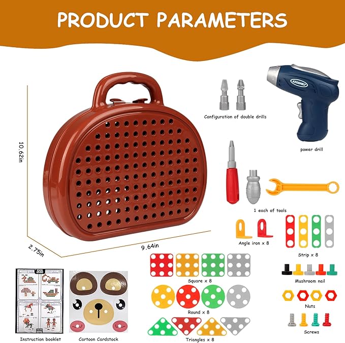 YououiiMagic Montessori Play Toolbox Bear, STEM Kits for Kids Ages 3-12, Creativity Tool Box with Drill Kids Building Toys, DIY Educational Construction Engineering Toys Preschool Toys