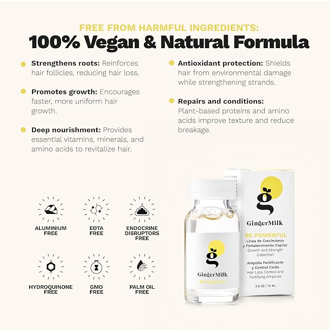 Hair Growth Ampoule with Biotin & Ginger | Controls Hair Loss, Stimulates Scalp & Strengthens Roots | BE Powerful by Ginger Milk | 3-Pack (0.5 fl oz ea)