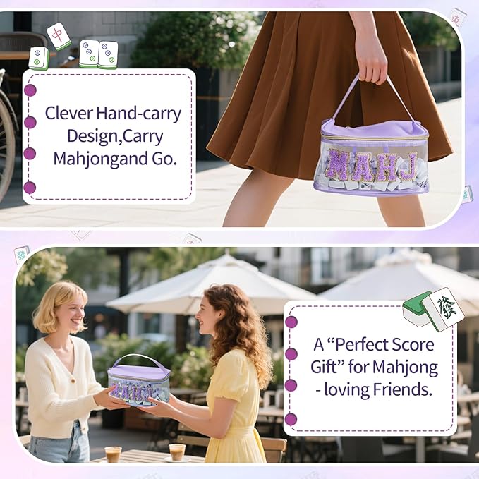 Handheld Mahjong Tile Bag, PVC Clear Mahjong Bag for 166 American Mahjong Tiles, Waterproof Mah Jong Case with Zipper & Lettters for Game Lover Gift Travel, Case Only(Purple)