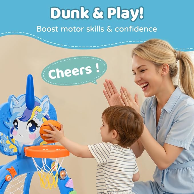 Fabeto Basketball Hoop & Soccer Goal for Toddlers – 3-in-1 Sports Play Set with Ring Toss | Indoor Outdoor Activity Toy for 1 2 3 Year Old Boys | Birthday for Active Play (Blue)