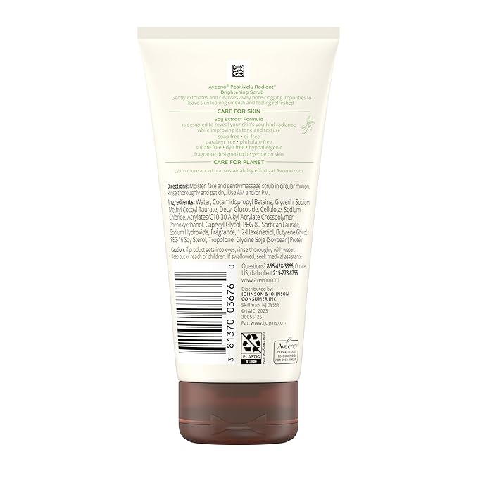 Aveeno Positively Radiant Skin Brightening Exfoliating Daily Facial Scrub, Gentle with Moisture-Rich Soy Extract, Helps Improve Skin Tone & Texture, Oil- & Soap-Free, Hypoallergenic, 5 oz