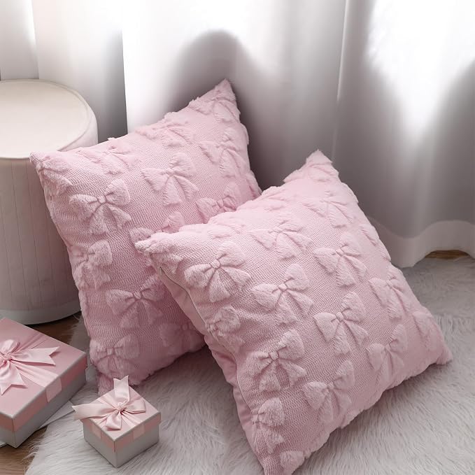 Mixweer Pink Bow Pillow Covers Set of 2 Preppy Room Decor Coquette Cute Spring Summer Decorative Faux Fur Soft Bowknot Stuff Fluffy Plush Aesthetic Pillowcase for Bed Sofa Couch (20 x 20 Inch)