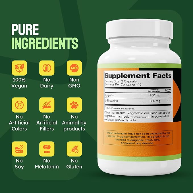 Apigenin 200 mg + L-Theanine 600 mg - Adult Daily Supplement (90 Capsules, 45 Servings)