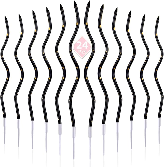 PHD CAKE 24-Count Black Gold Spiral Long Thin Birthday Candles, Cake Candles, Birthday Parties, Wedding Decorations, Party Candles