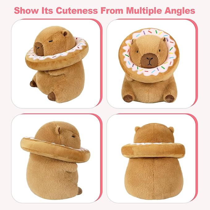 Ditucu Cute Capybara Plush Pillow with Wearable Donut Headgear Stuffed Animal Food Capibara Plushies Toys Gifts for Kids Brown 11 inch