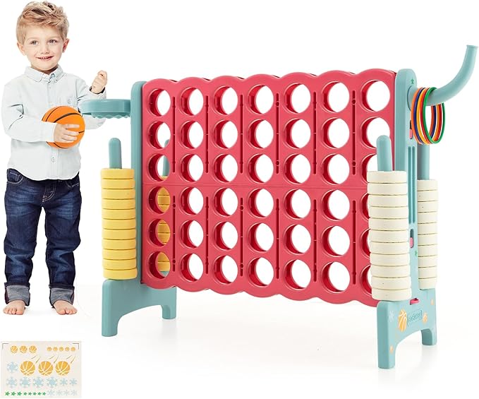 COSTWAY Jumbo 4-to-Score Giant Game Set for Kids & Adults, 2.5Ft Indoor Outdoor Game with Basketball Hoop, Ring Game, 42 Jumbo Rings, Quick-Release Slider, Perfect for Birth & Holiday Party