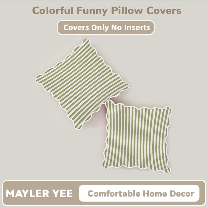 Scalloped Throw Pillow Covers | Decorative Couch Pillows | Cute Stripe Pillow Cases | Boho Sytle for Living Room (Green & White, 16x16 Inch)