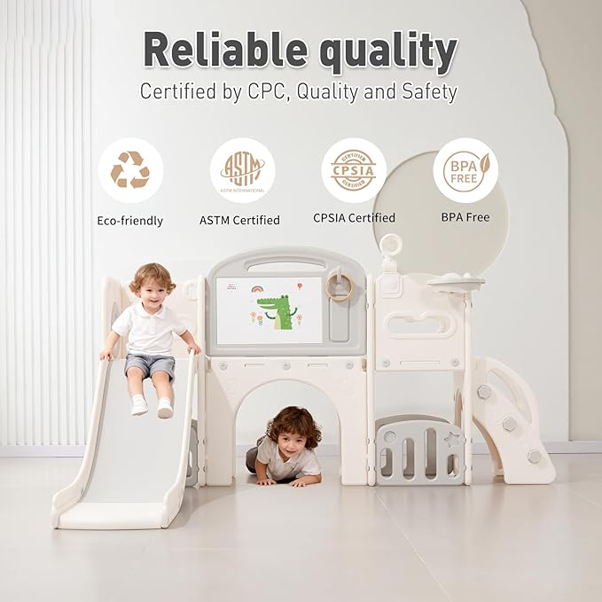 Outdoor Toddler Playset with Slide Set, Indoor Playground for Toddlers 1-3, Climber Play Set with Telescope Basketball Hoop, Tunnel Playhouse and Jungle Gym