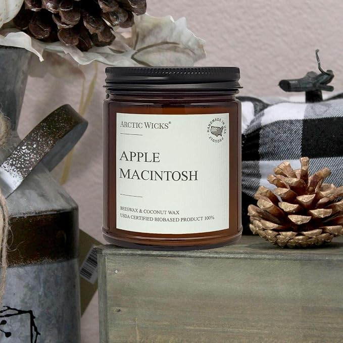 Apple Macintosh Scented Candle | 9oz Amber Jar | Arctic Wicks Non-Toxic Coconut & Beeswax Candles | Hand-Poured Clean Burning Eco-Friendly Candle | Fall Apple Orchard Scent | 100% USDA Biobased