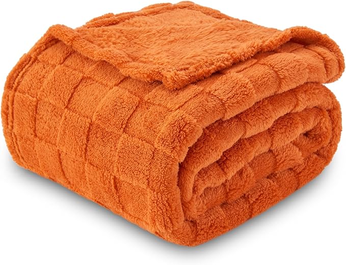 NEWCOSPLAY 3D Checkered Flannel Queen Blanket, Orange Checkered, 90"x90" | Super Soft Cute Lightweight Decorative Premium Silky Fleece Blanket for Couch Sofa Bed, Gift for Women Men, All Season Use