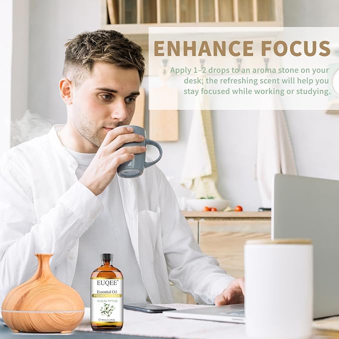 EUQEE Eucalyptus Essential Oil 118ml Pure Eucalyptus Oil with Glass Dropper for Aromatherapy, Diffuser, Soap & Candle Making - 4Fl.Oz