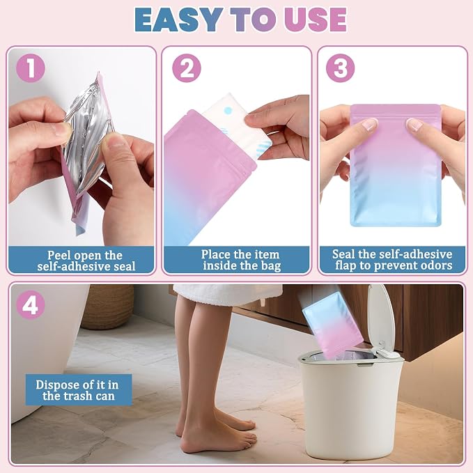 Disposable Sanitary Hygiene Disposal Bags for Bag Period Tampon Napkin Trash, 100pcs, Discreet Privacy Cover, Stylish Look, Self-Adhesive Seal,Portable for Purse, Bathroom, School, Travel(Pink-Blue)