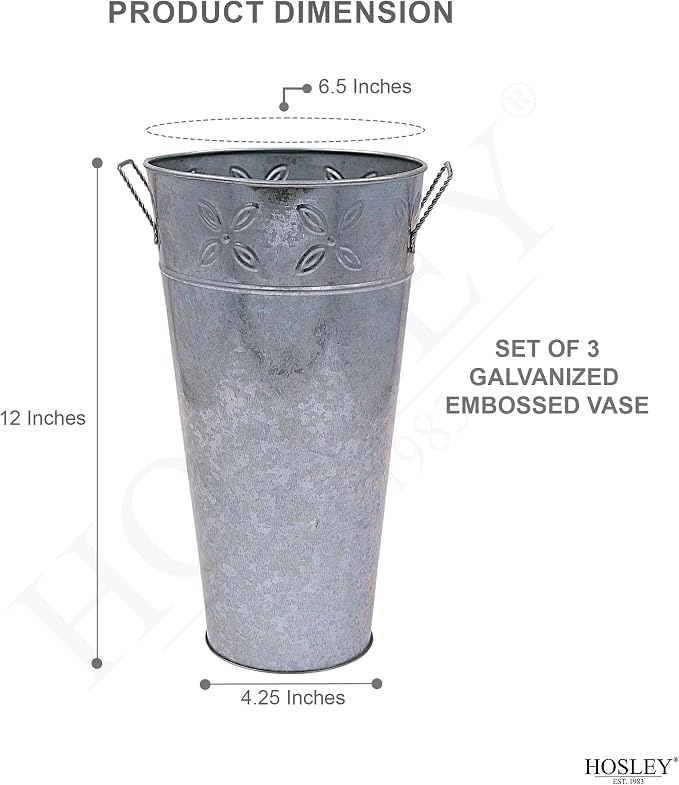 Hosley Set of 3 Galvanized Metal Vases, 12” Tall x 6.5” Dia French Bucket Style, Rustic Farmhouse Flower Vase for Weddings, Events, Home Décor