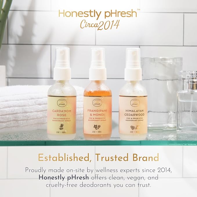 Honestly pHresh Pre & Probiotic Deodorant Spray for Women – Aluminum & Baking Soda Free Natural Deodorant Mist with 24-hour Odor Protection – Vegan, Made in USA - Cardamom Rose Scent, 2floz
