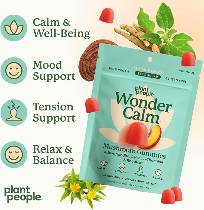Plant People WonderCalm Mushroom & Ashwagandha Gummies - Natural Calm Gummies to Ease Stress & Boost Mood for Adults Without Sugar, Gluten or Artificial Colors, Vegan-Friendly, Peach Flavor, 60 Count