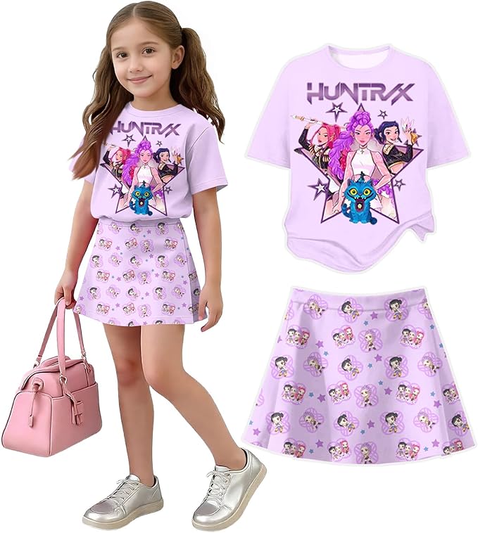 HTHLVMD K Pop Short Sleeve T-Shirt and Skirts Outfits Set for Girls Hunters Rumi Mira Zoey Graphic Tees De-Mon Costume