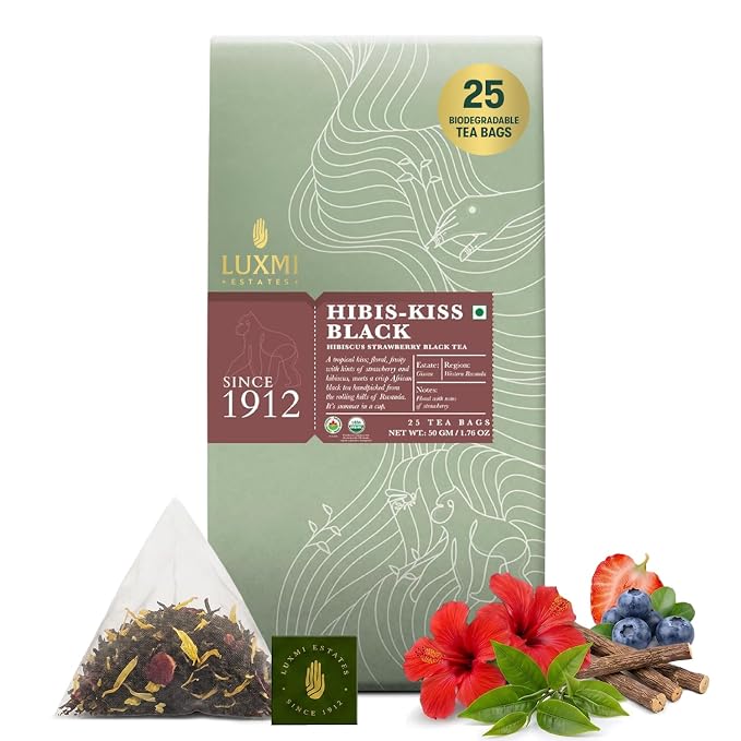 Luxmi Estates Hibis-Kiss Organic Hibiscus Tea (25 Tea Bags) Caffeinated Tea Bags For A Morning Boost and Natural Energy, With Certified Organic Black Tea