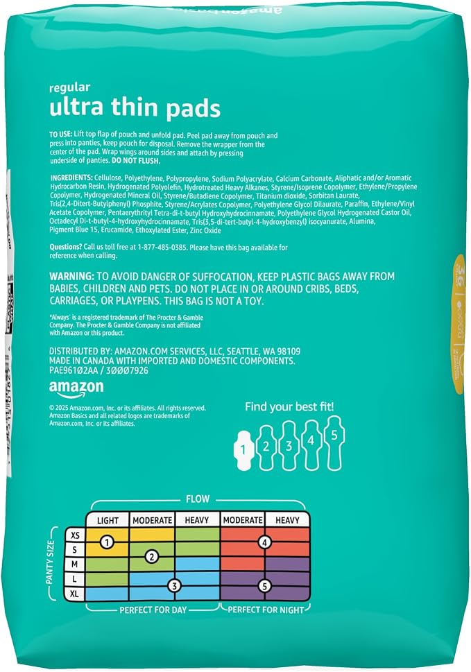 Amazon Basics Regular Absorbency Feminine Pads for Women, Ultra Thin with Flexi-Wings, Unscented, Size 1, 8-Hour Protection, Leak Prevention, 36 Count