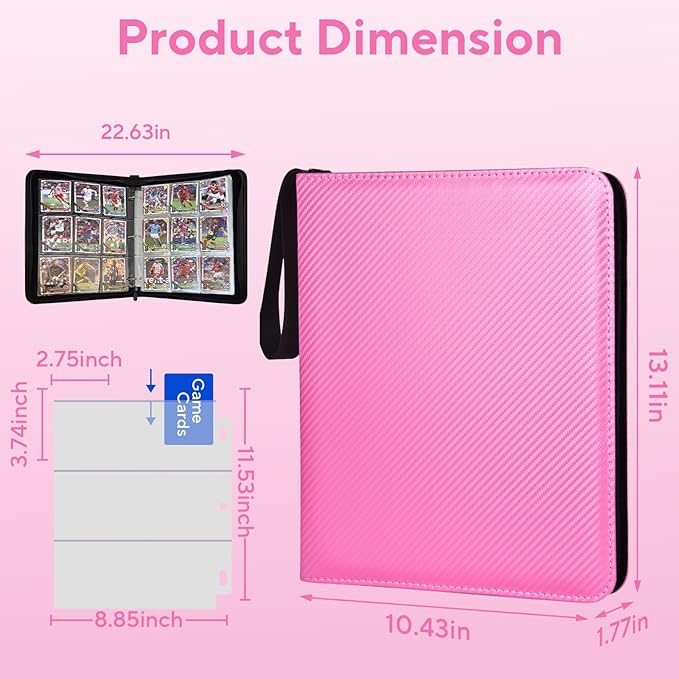 Portable 9-Pocket Trading Card Binder, Holds 1080 Cards with 60 Removable Sleeves Baseball Card Binder, Compact Card Album Organizer for Game & Sports Cards, Pink Color