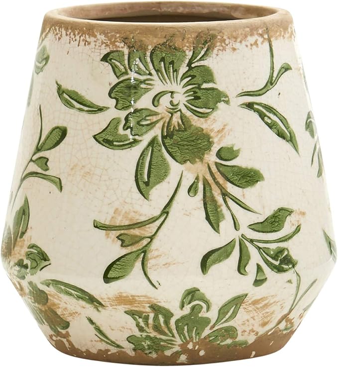 Nearly Natural 5.5 in Tuscan Ceramic Green Scroll Planter Vase Room Decor | Artisanal Floral Pattern, Rugged Square Silhouette, Generous 2.619-Quart Volume, Perfect for a Country-Chic Mantel Accent