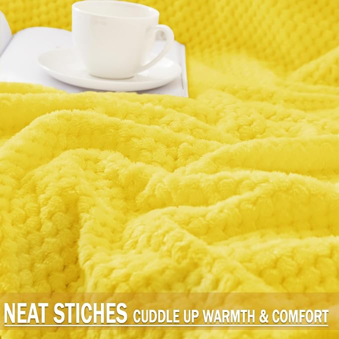 Exclusivo Mezcla Soft Waffle Fleece Bed Blanket Queen Size, Yellow | Lightweight Plush Blanket for Bed, Bedroom, Cozy Flannel with Waffle Texture, Stylish Home Decor, All Season, 90x90 Inches