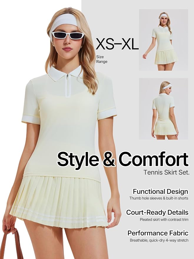 Women's 2-Piece Tennis Skirt Set, Polo V-Neck Top & High-Waisted Pleated Skirt, Athletic Outfit for Golf Pickleball