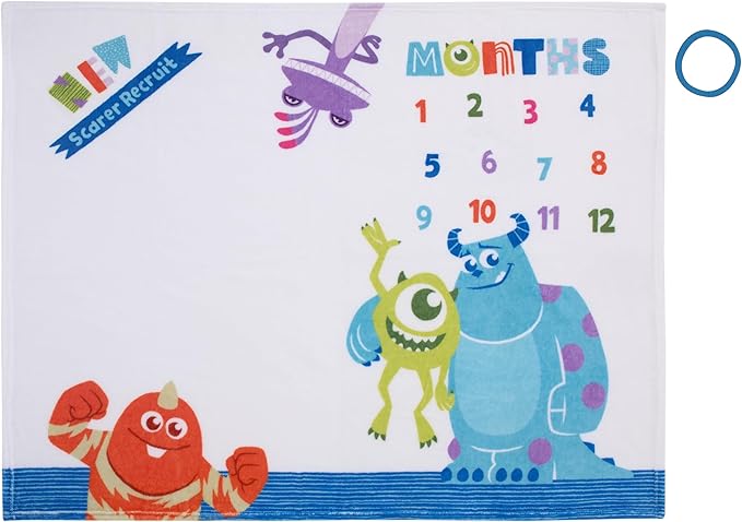 Disney Monsters, Inc. White, Blue, and Green, New Scarer Recruit Super Soft Photo Op Milestone Baby Blanket