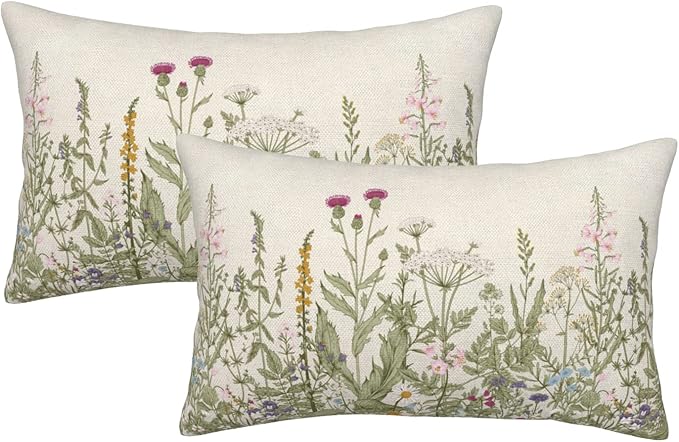 AEIOAE Sage Green Pillow Covers 12x20 Inch Set of 2, Spring Wildflower Plant Throw Pillows Case,Seasonal Floral Outdoor Decorative Flowers Farmhouse Decor Cushion Covers for Home Sofa Bed Couch