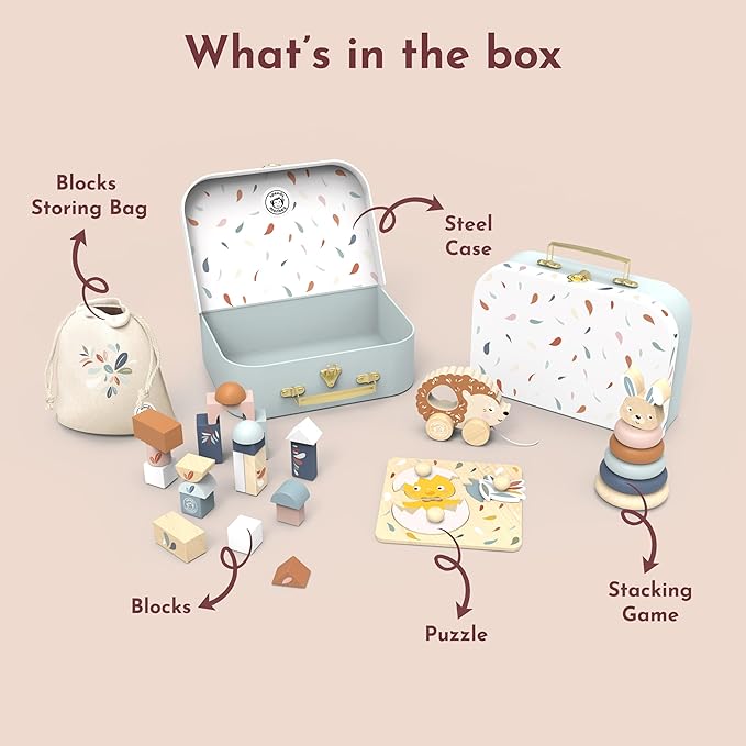 SPEEDY MONKEY My First Toy Box – Multicolor Wooden Nursery Toy Set for Kid, FSC Certified Play Box for Toddler, Includes Building Blocks, Stacking Rabbit, Chick Puzzle & Pull-Along Hedgehog
