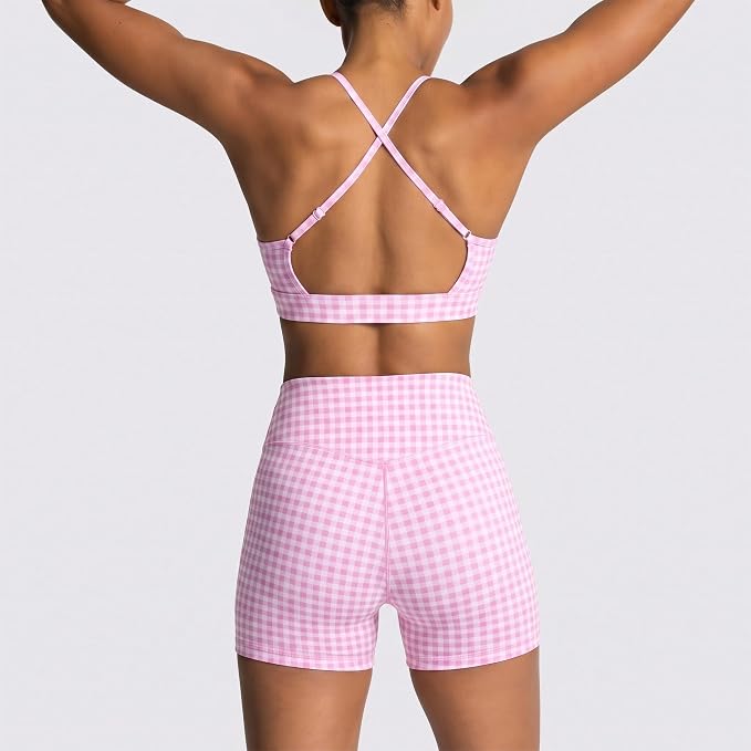 ABOCIW Workout Sets for Women 2 Piece Color Block Strappy Sports Bra High Waist Shorts Gym Yoga Pilates Outfits