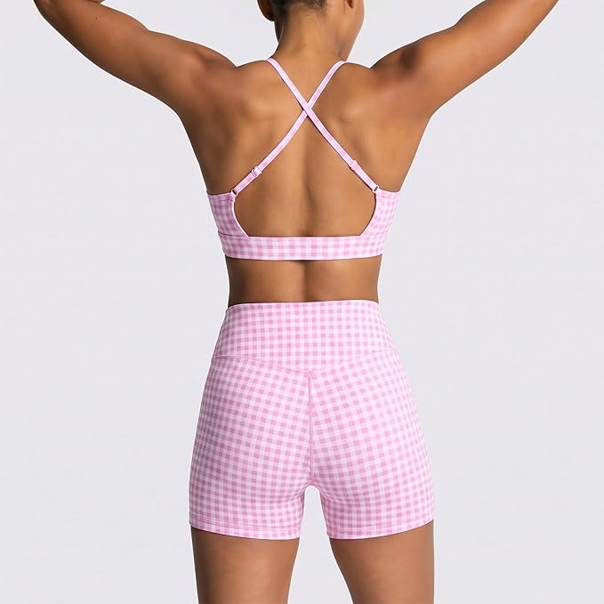 ABOCIW Workout Sets for Women 2 Piece Color Block Strappy Sports Bra High Waist Shorts Gym Yoga Pilates Outfits